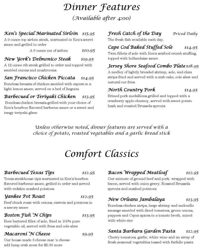 Page 2 of menu, Ken's American Cafe Oneonta, NY