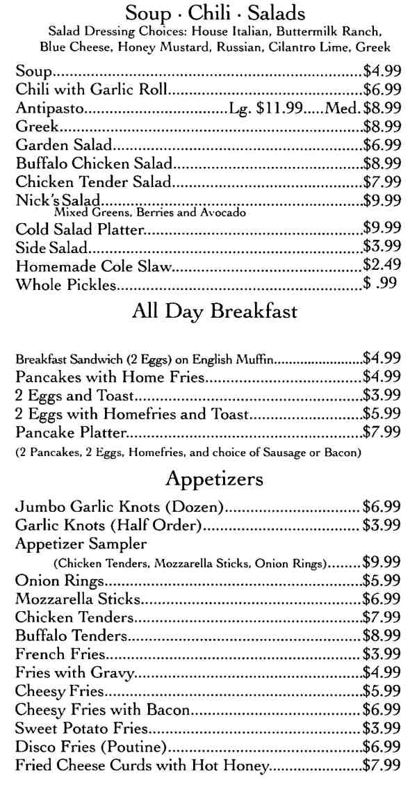 Nick's Diner Menu, Oneonta, NY