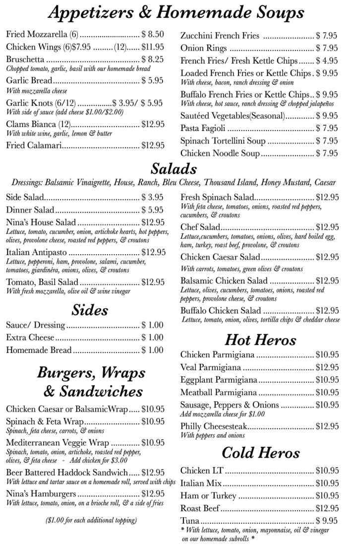 Nina's Italian Resturant & Pizzera Menu, Oneonta, NY