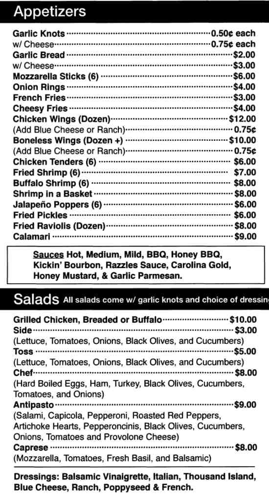 Page 1 of menu, Razzles Pizza & Ice Cream Oneonta, NY