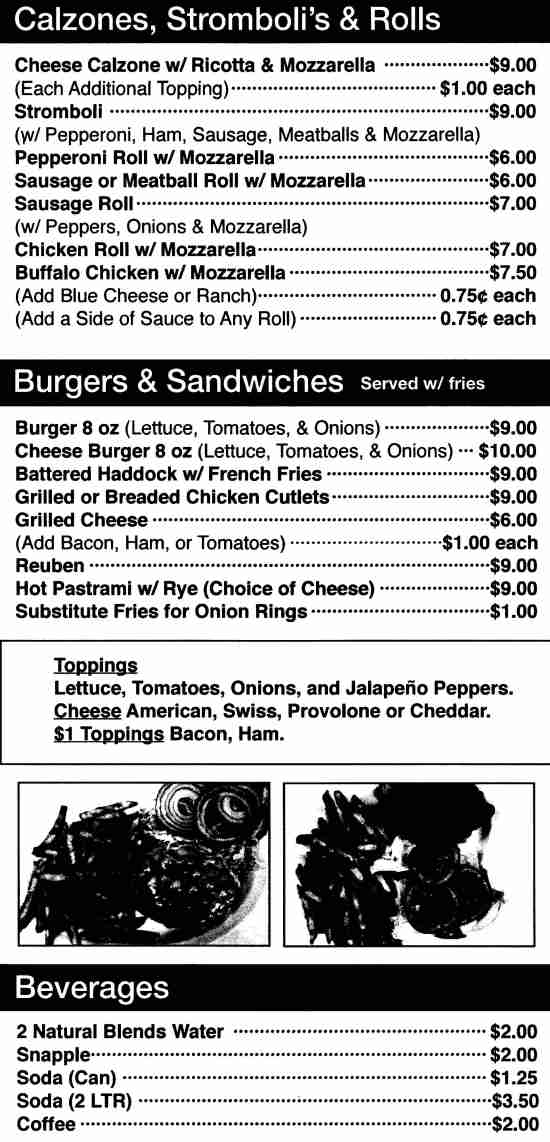 Page 4 of menu, Razzles Pizza & Ice Cream Oneonta, NY