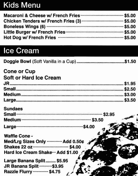 Page 5 of menu, Razzles Pizza & Ice Cream Oneonta, NY